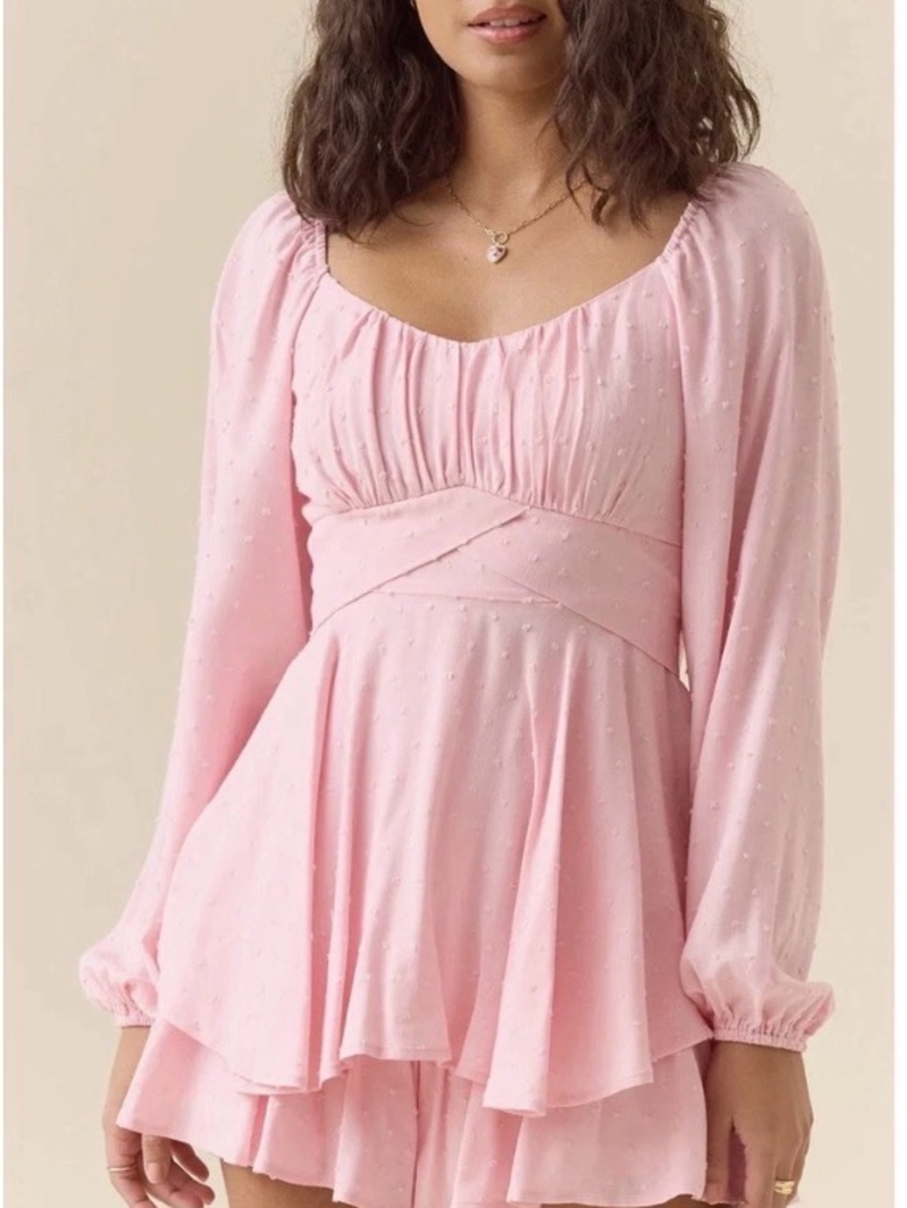 Altar'd State Soft Pink Long-Sleeve Empire Double Tie Back Romper - Picture 8 of 9